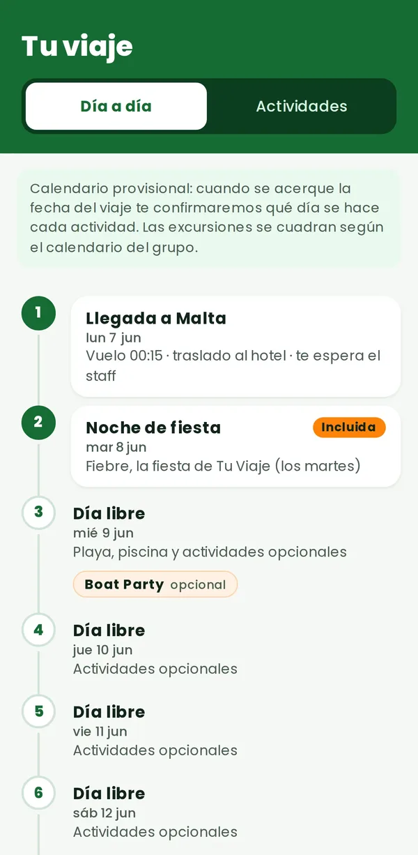 Pantalla del día a día en la app Tu Viaje con el plan de cada día del viaje