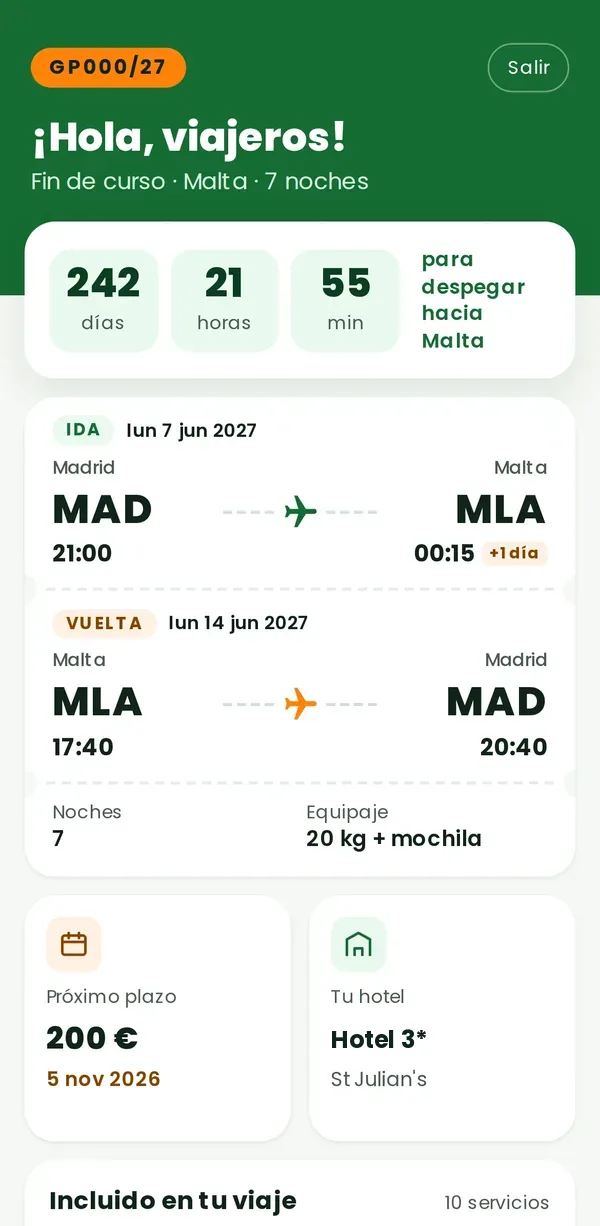 Pantalla de inicio de la app Tu Viaje con la cuenta atrás, los vuelos de ida y vuelta, el próximo plazo y el hotel
