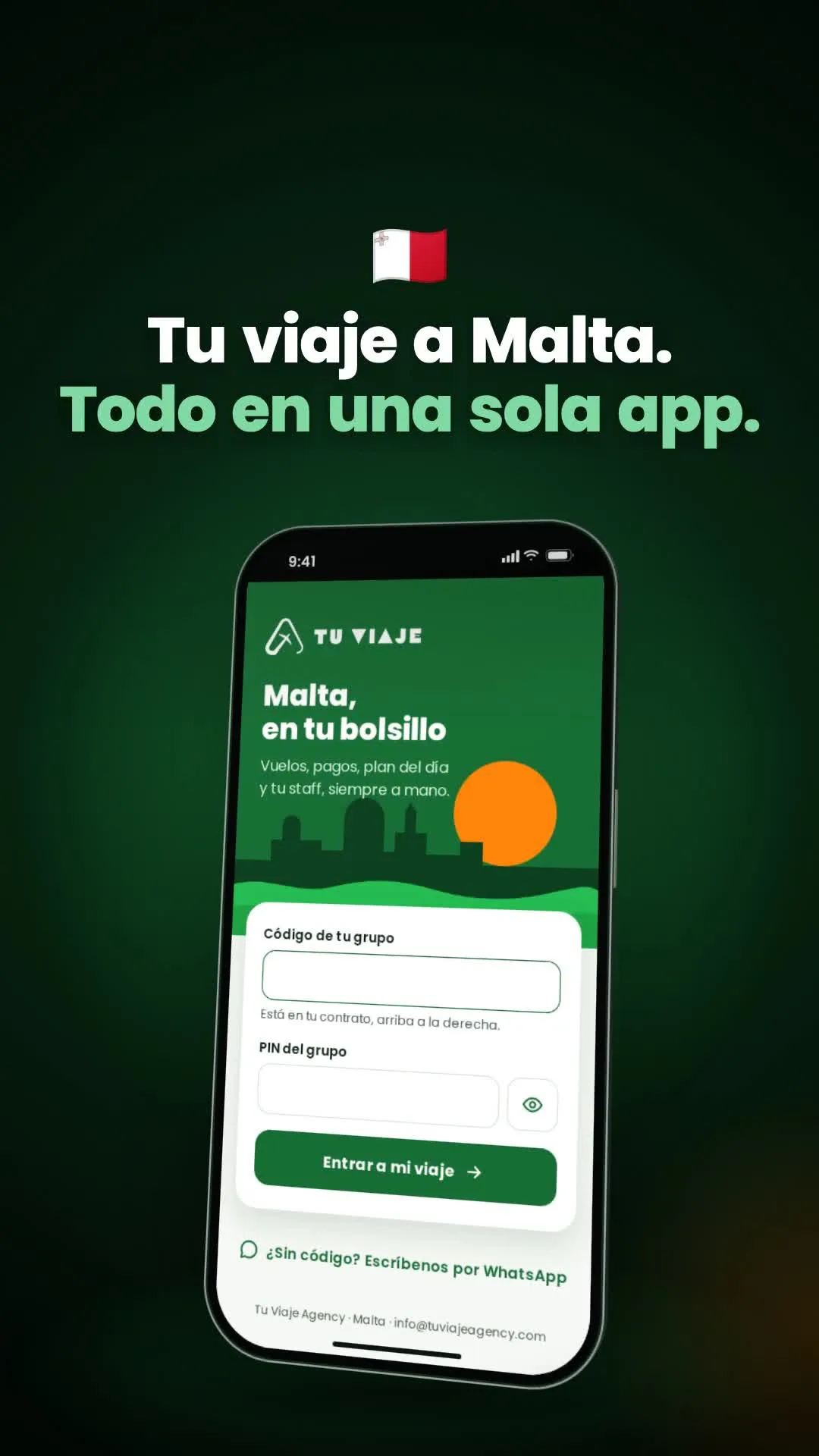 Móvil con la pantalla de acceso de la app Tu Viaje y el texto Tu viaje a Malta, todo en una sola app