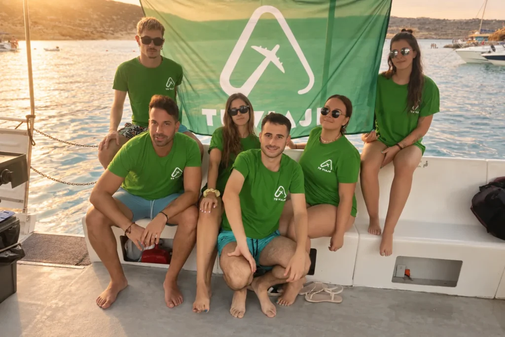 El equipo de Tu Viaje Agency con la bandera de la marca en un barco en Comino, Malta